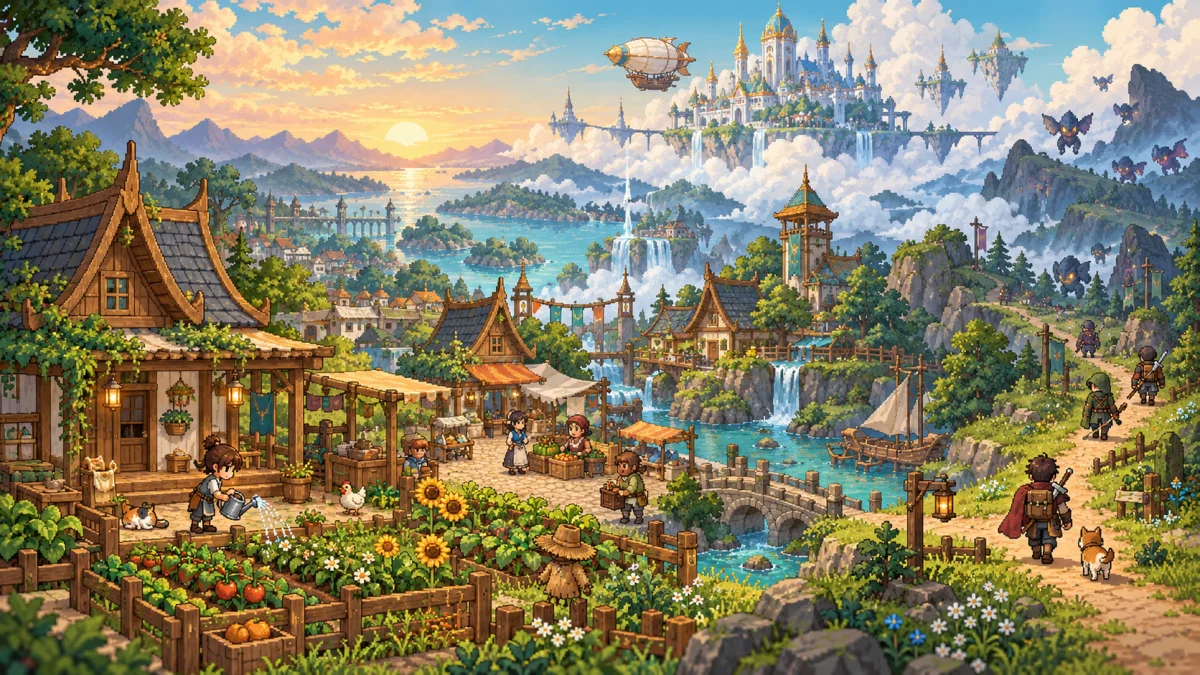ภาพรวมโลก Aeranara บ้าน ฟาร์ม และเมือง
