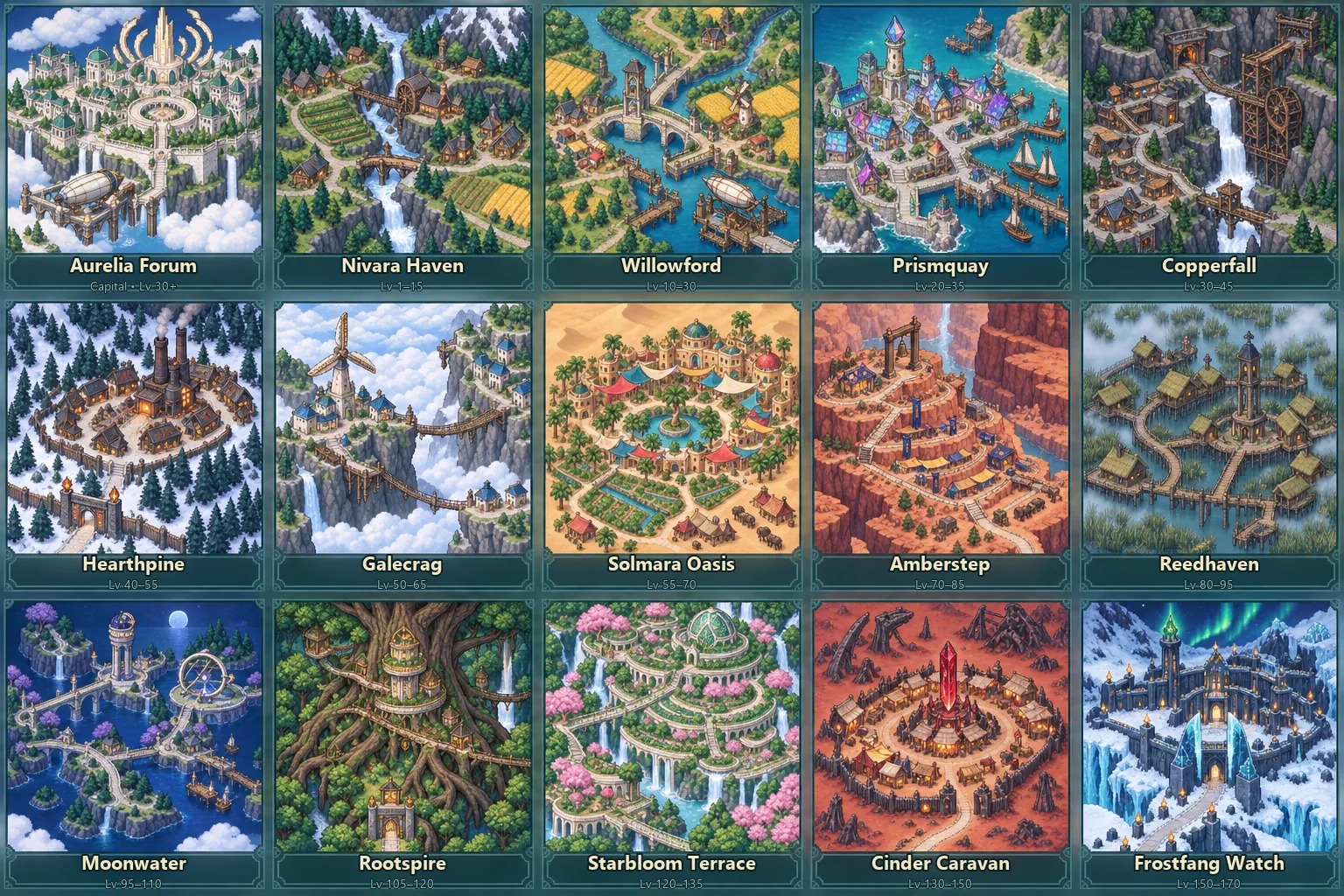 ภาพคอนเซปต์เมืองหลักทั้ง 15 เมืองของ Aeranara